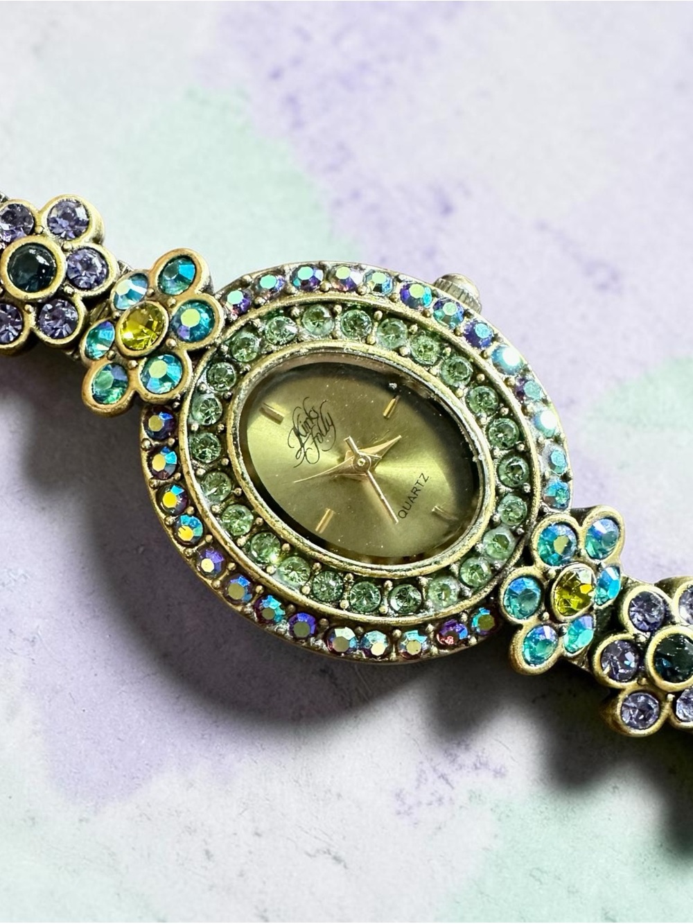 Vintage Kirks Folly Crystal Flower Bracelet Quartz Watch Rhinestone Floral Links